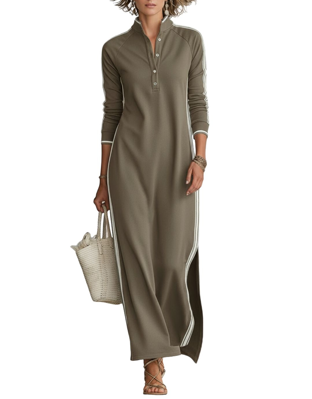 Rochie Maxi Casual cu Guler cu Nasturi
