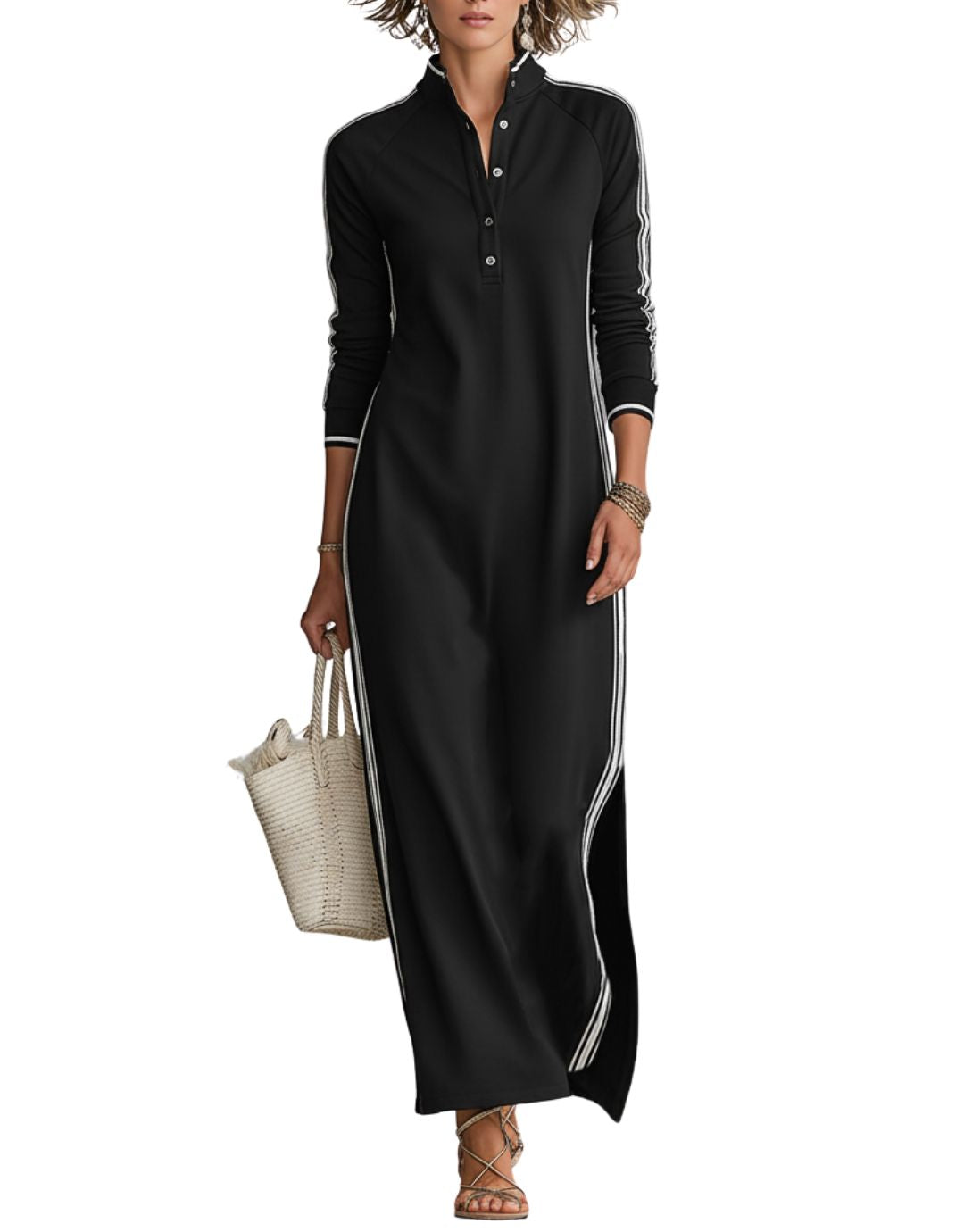 Rochie Maxi Casual cu Guler cu Nasturi