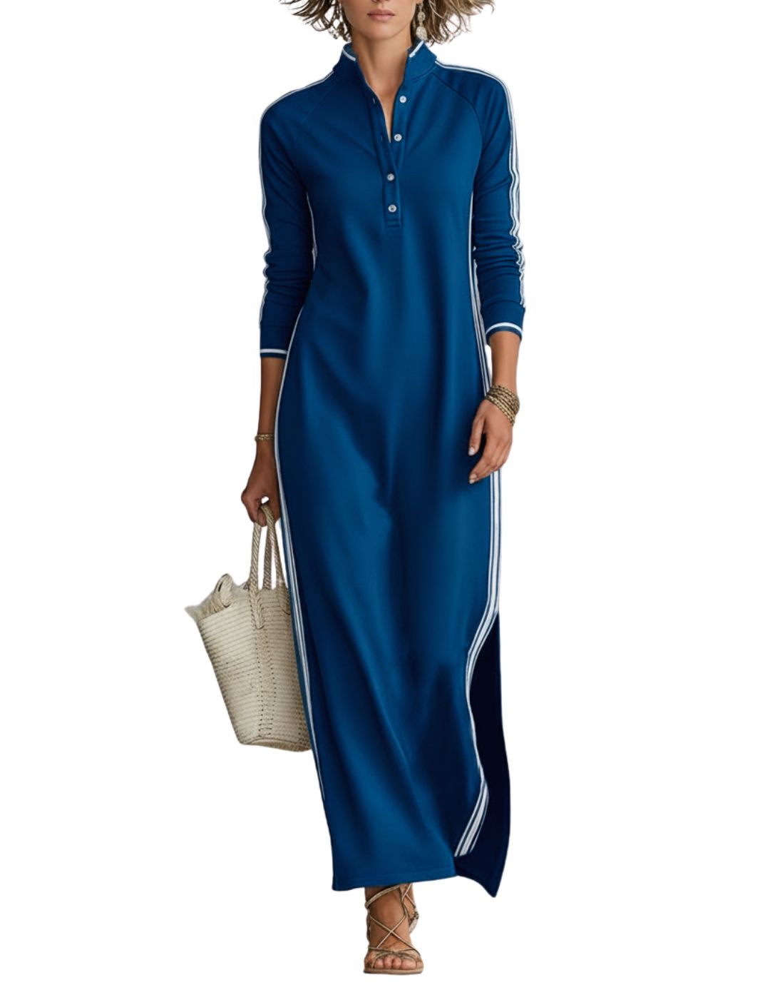 Rochie Maxi Casual cu Guler cu Nasturi