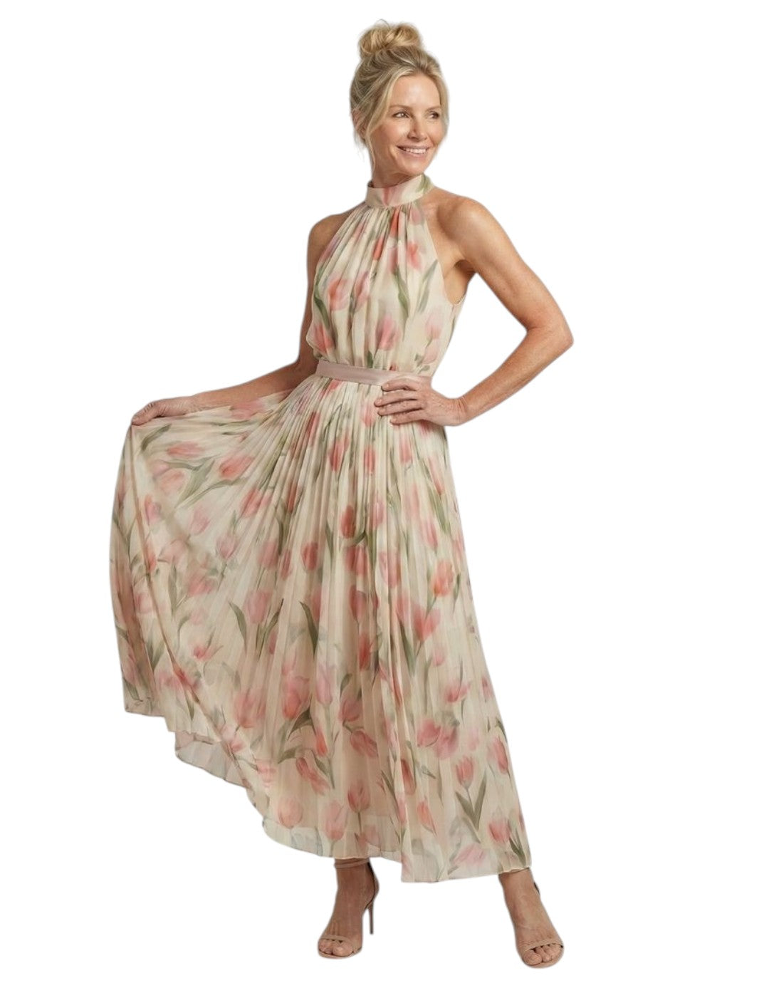 Aurelle | Rochie Midi cu Guler Halter și Model Floral