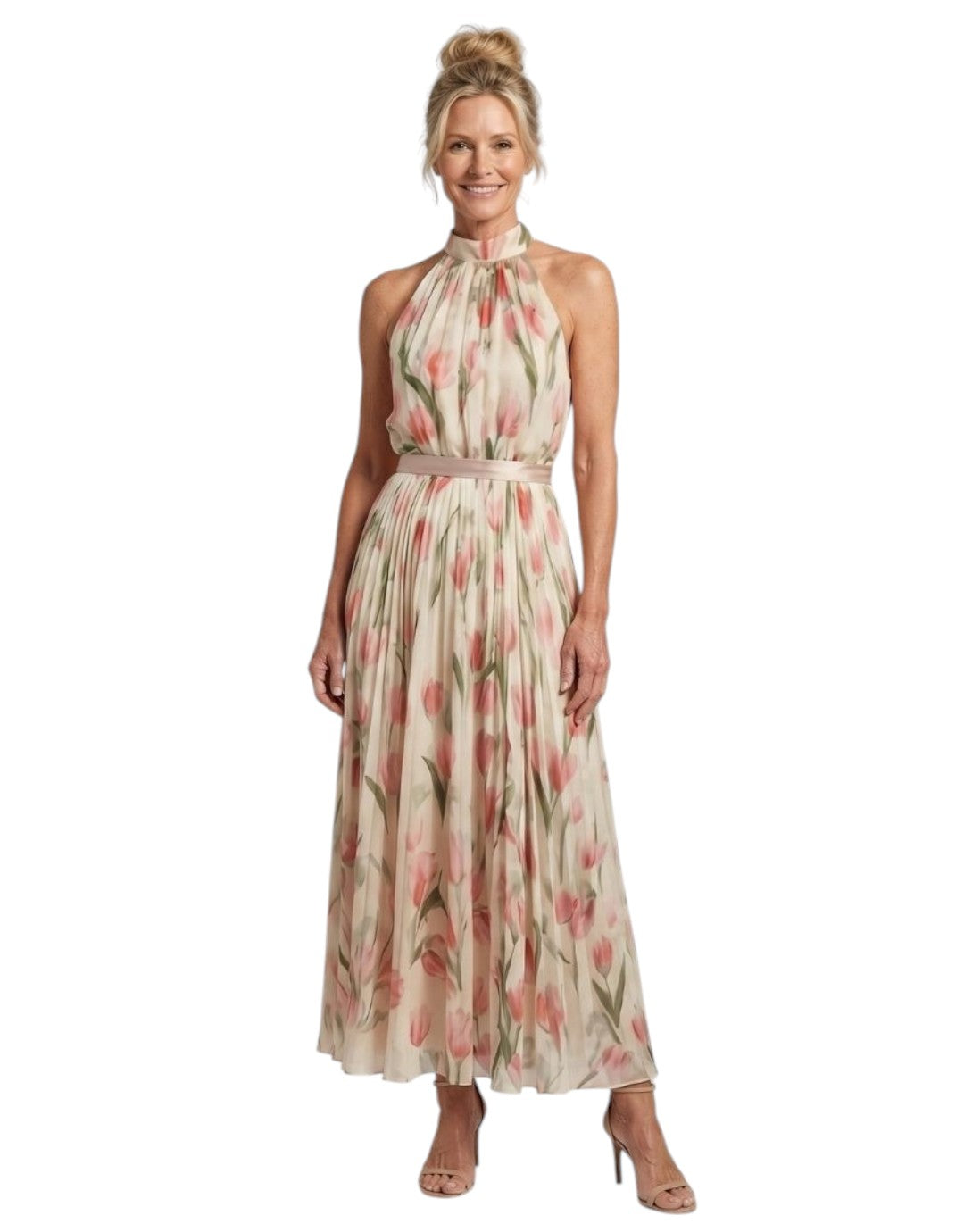 Aurelle | Rochie Midi cu Guler Halter și Model Floral
