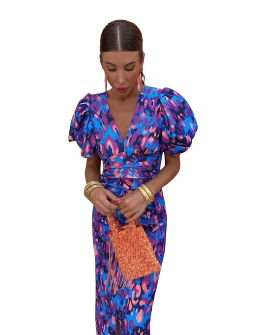 Aurora | Rochie Midi Vibrantă cu Mâneci Puff