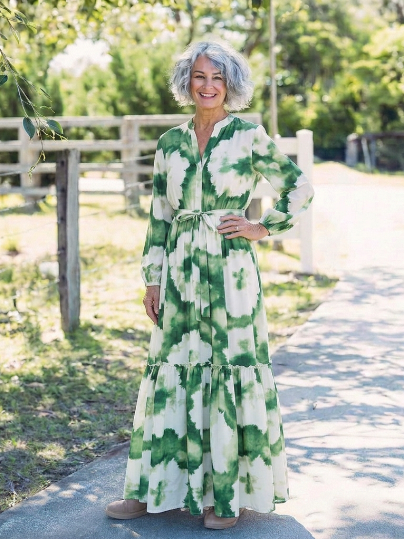 Sabine | Rochie Maxi cu Mâneci Lungi și Centură