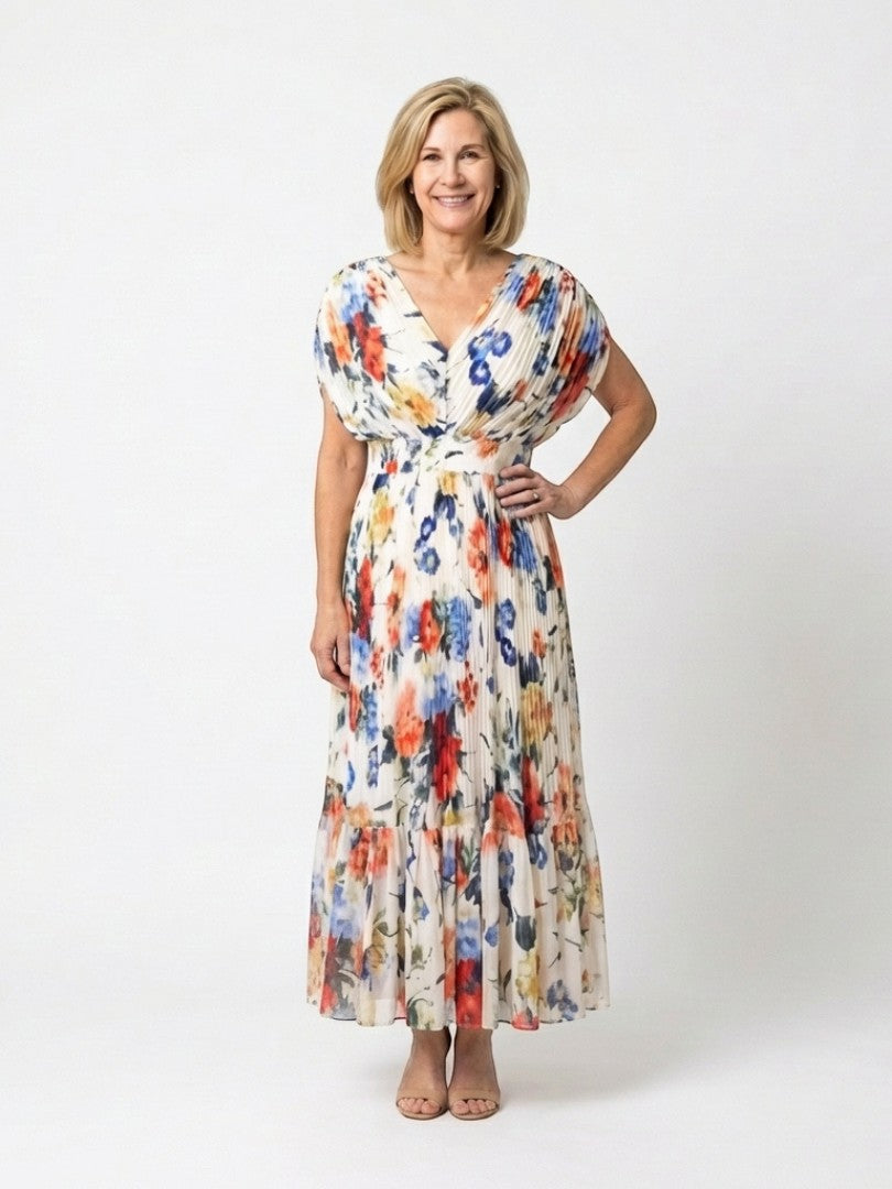 Rochie midi plisată florală Savannah cu mâneci scurte