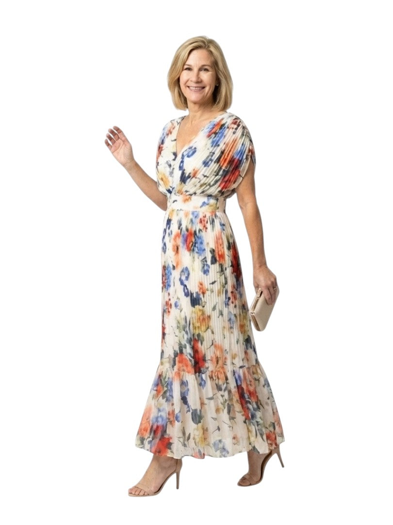 Rochie midi plisată florală Savannah cu mâneci scurte