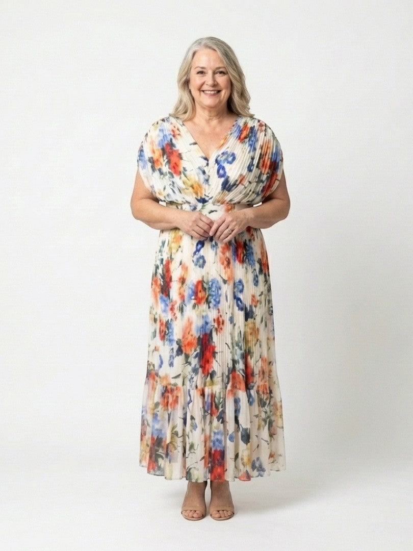 Rochie midi plisată florală Savannah cu mâneci scurte