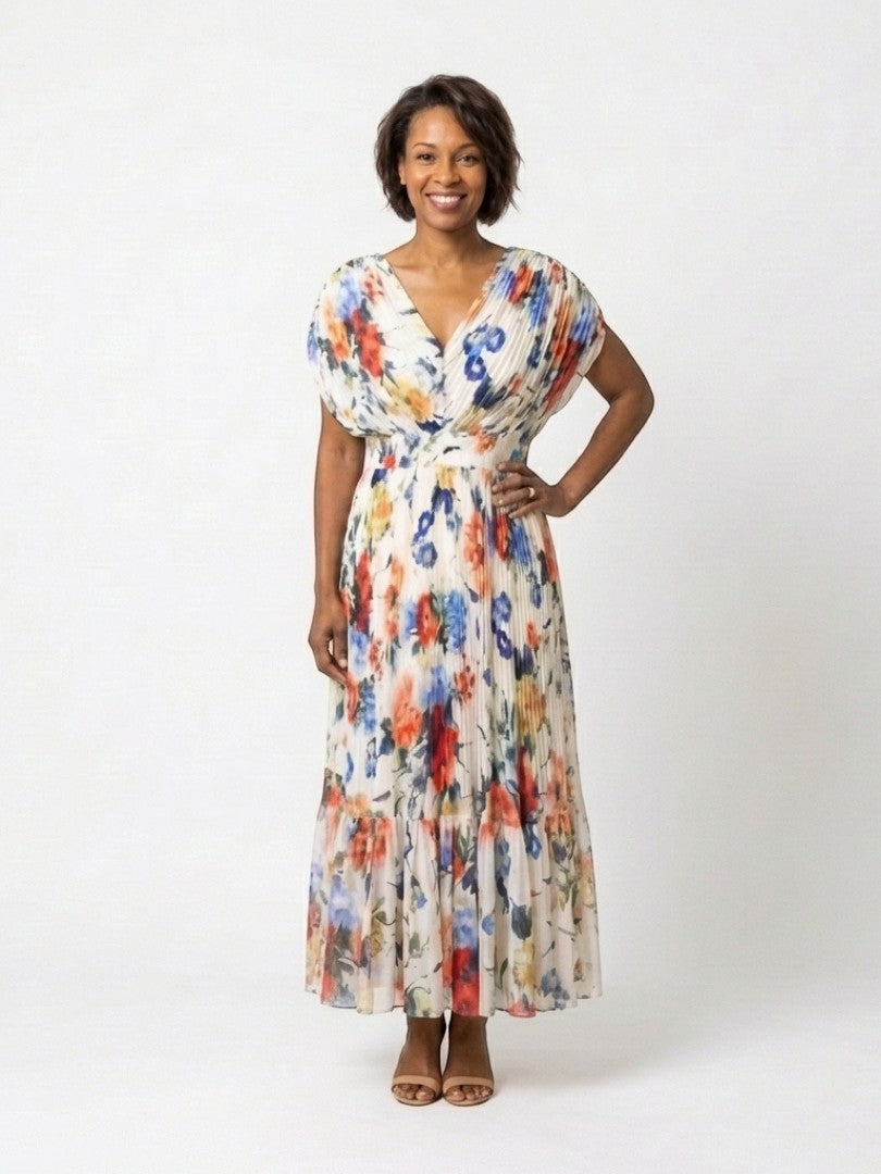 Rochie midi plisată florală Savannah cu mâneci scurte