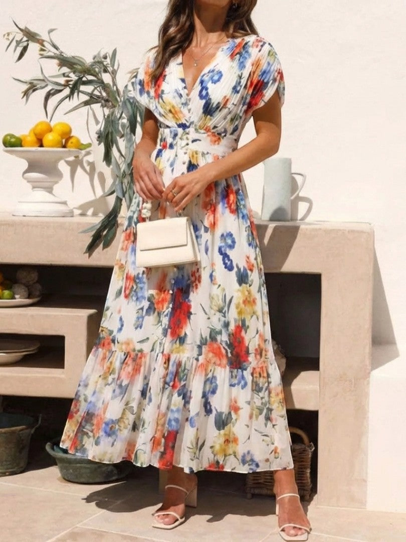 Rochie midi plisată florală Savannah cu mâneci scurte