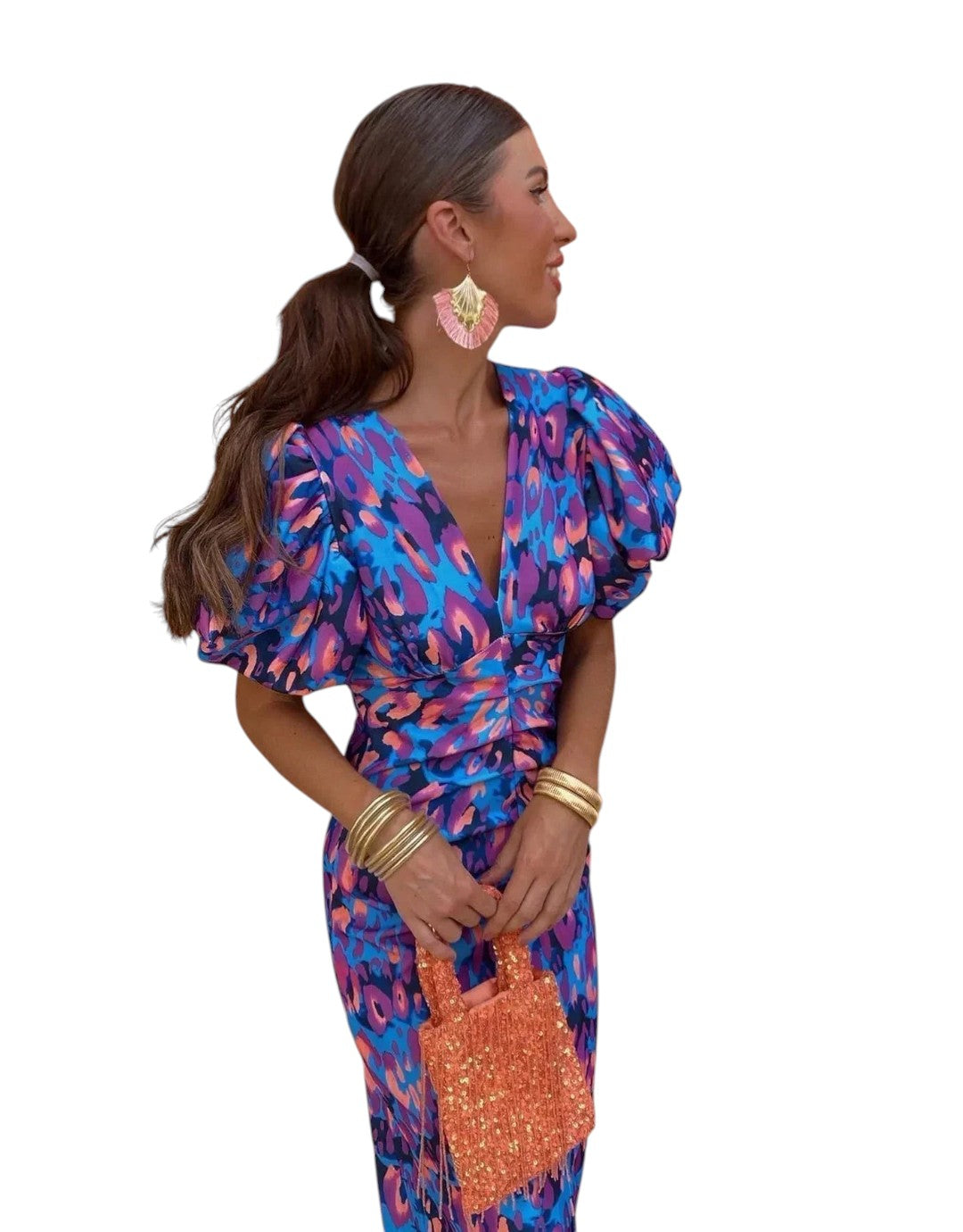 Aurora | Rochie Midi Vibrantă cu Mâneci Puff