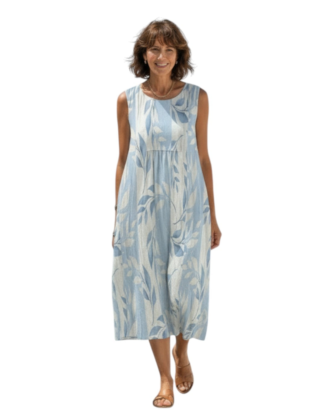 Solene | Rochie Midi fără Mâneci cu Model în Frunze Albastre