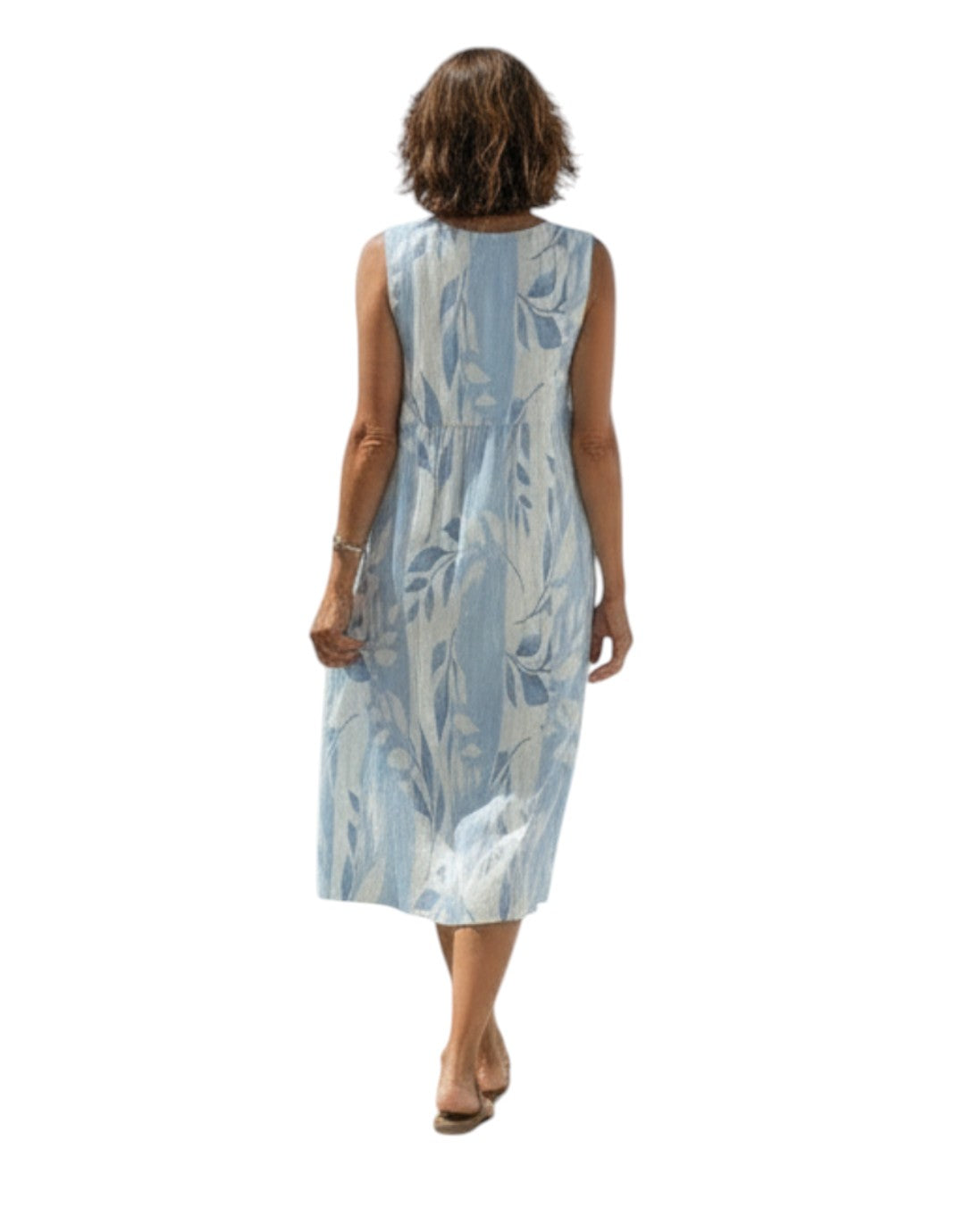 Solene | Rochie Midi fără Mâneci cu Model în Frunze Albastre