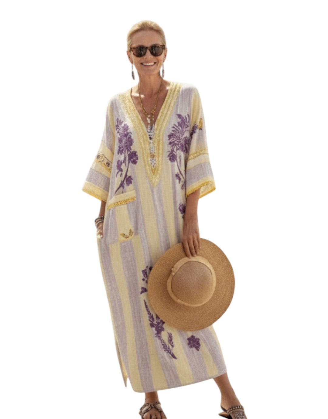 Aurelia | Rochie Maxi Florală cu Guler în V și Mâneci Tăiate