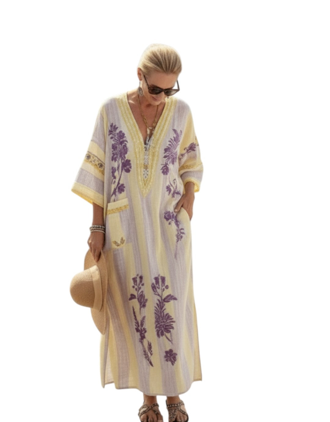 Aurelia | Rochie Maxi Florală cu Guler în V și Mâneci Tăiate