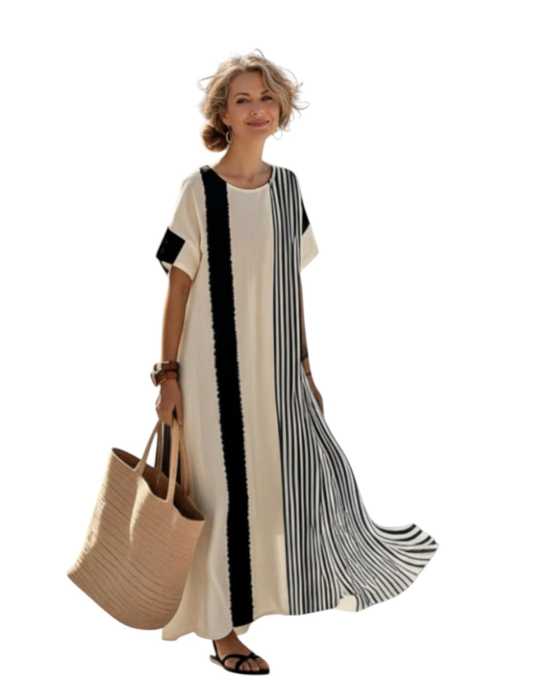 Elara | Rochie Maxi cu Guler Rotund și Mâneci Scurte, Dungi