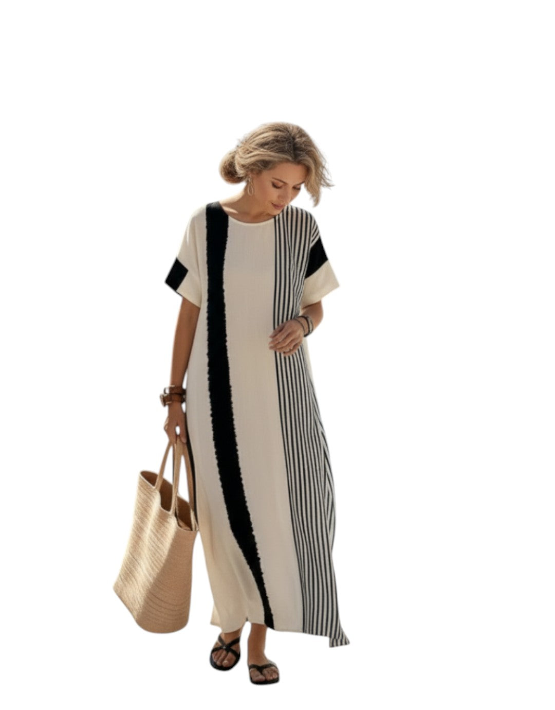 Elara | Rochie Maxi cu Guler Rotund și Mâneci Scurte, Dungi