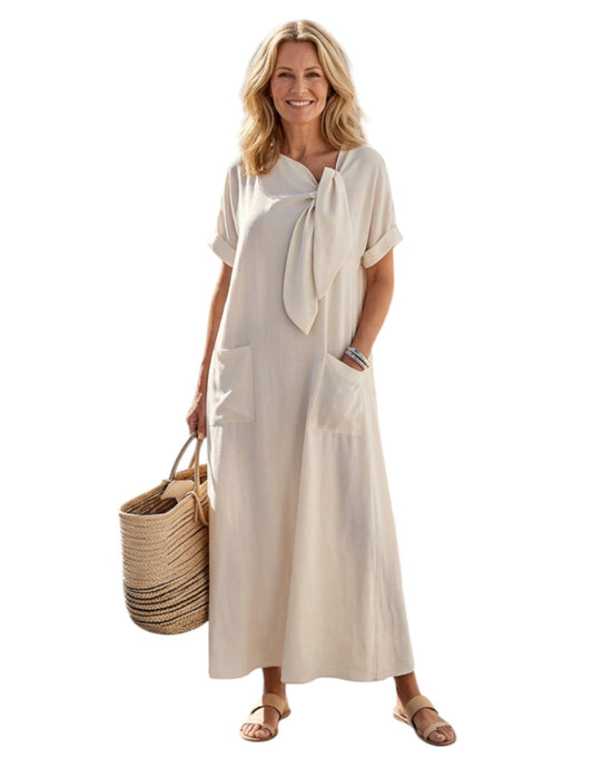 Elowyn | Rochie maxi cu guler rotund și mânecă scurtă, cu buzunare