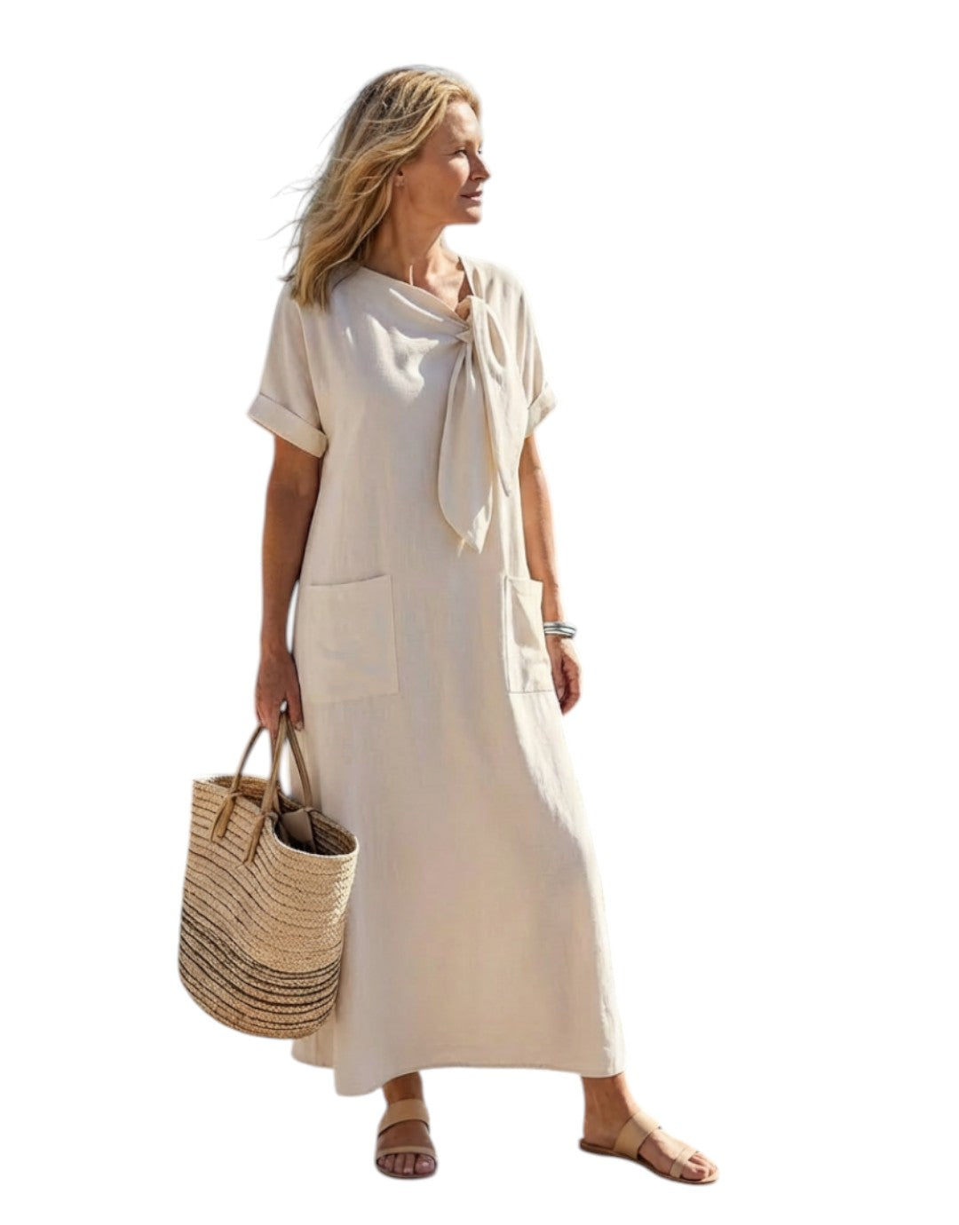 Elowyn | Rochie maxi cu guler rotund și mânecă scurtă, cu buzunare