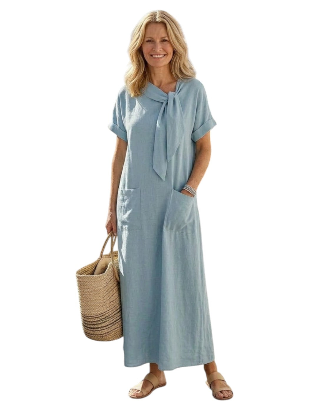 Elowyn | Rochie maxi cu guler rotund și mânecă scurtă, cu buzunare