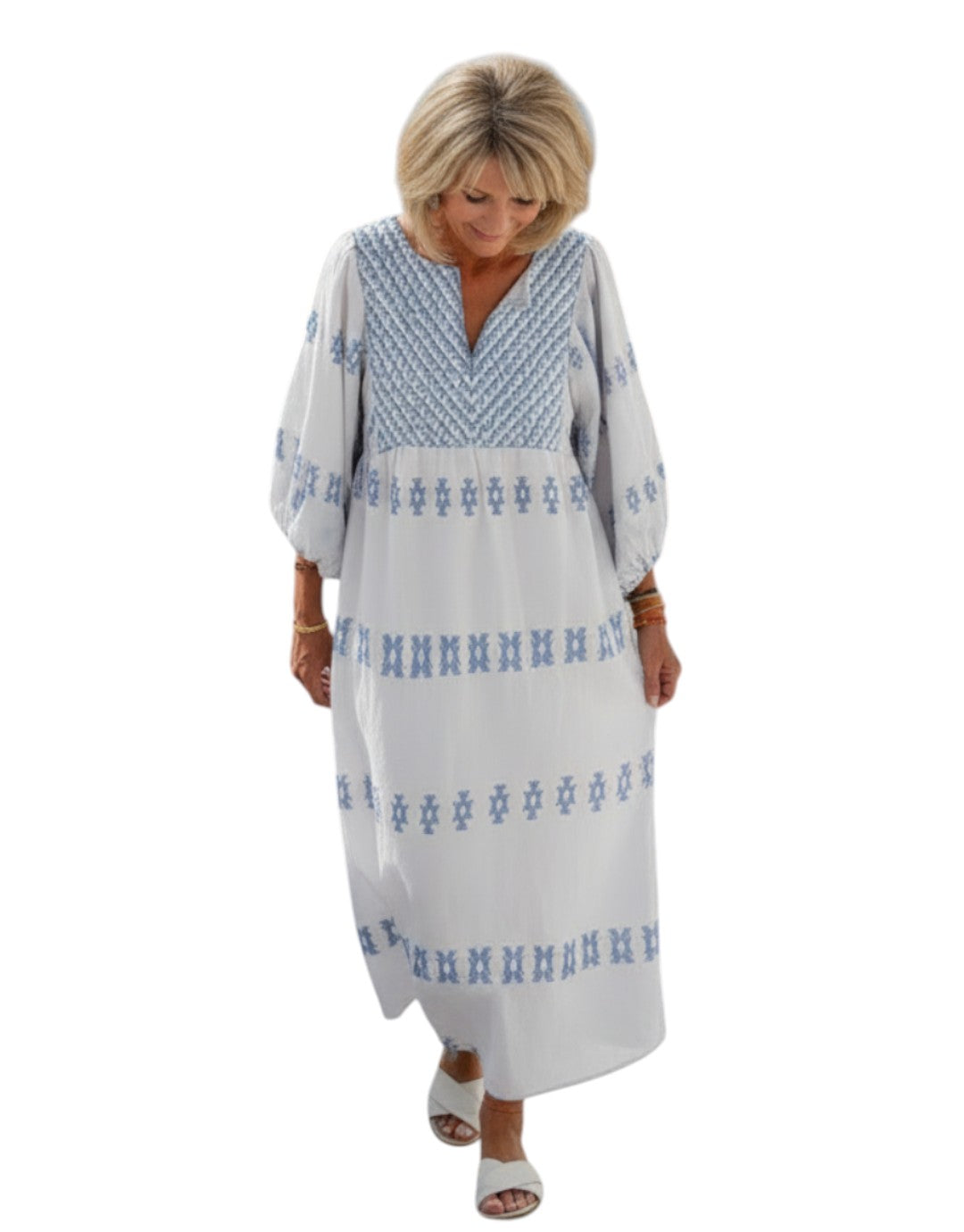 Evadne | Rochie Maxi Brodată cu Mâneci Lungi și Decolteu în V