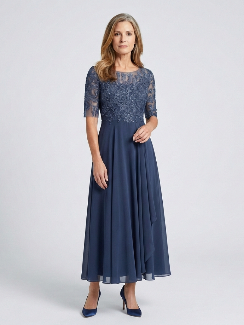 Vivian | Rochie Midi cu Detalii din Dantelă și Mâneci 3/4
