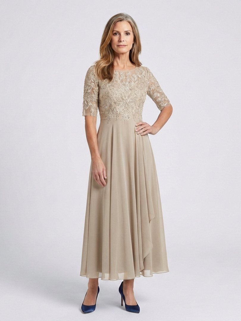 Vivian | Rochie Midi cu Detalii din Dantelă și Mâneci 3/4