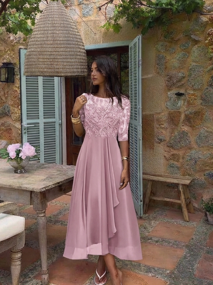 Vivian | Rochie Midi cu Detalii din Dantelă și Mâneci 3/4