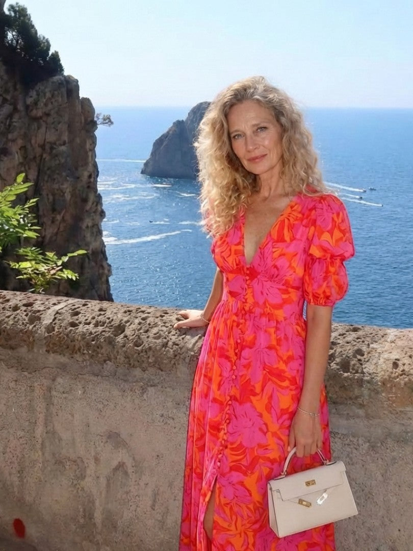 Salcie - Rochie Midi cu Mâneci Puff și Decolteu în Formă de V