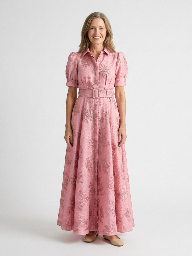 Xanthea - Rochie maxi cu mâneci scurte și curea, din material texturat cu imprimeu floral