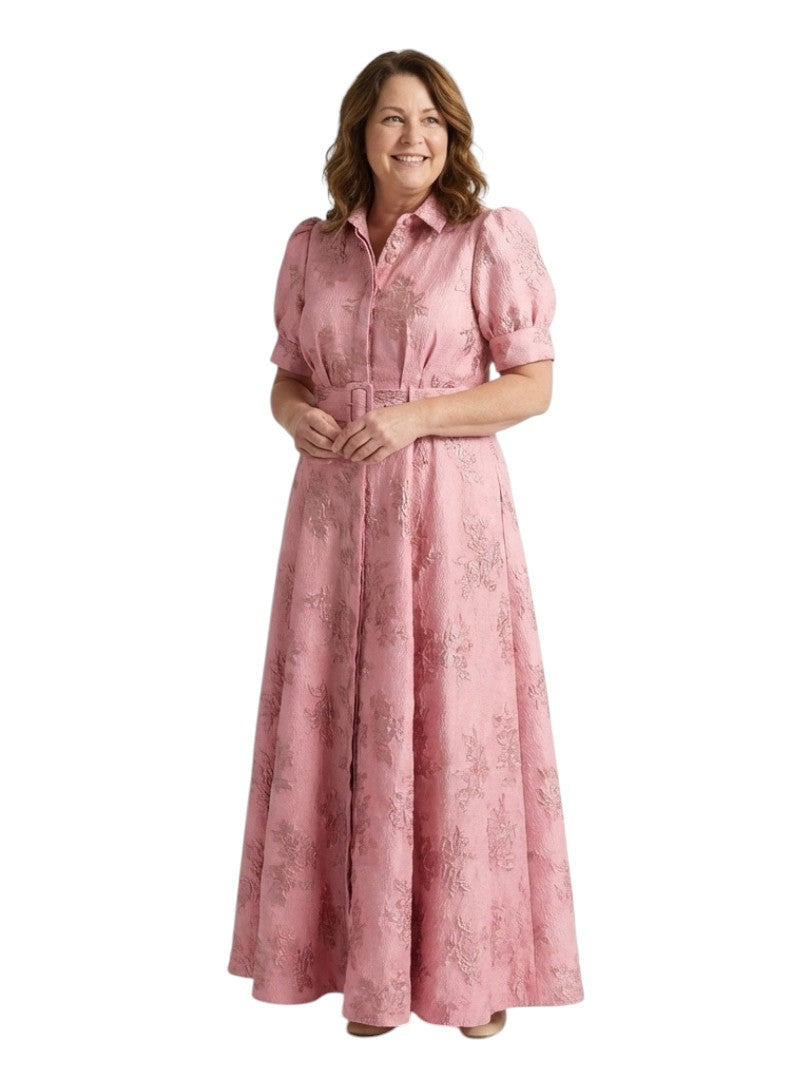 Xanthea - Rochie maxi cu mâneci scurte și curea, din material texturat cu imprimeu floral