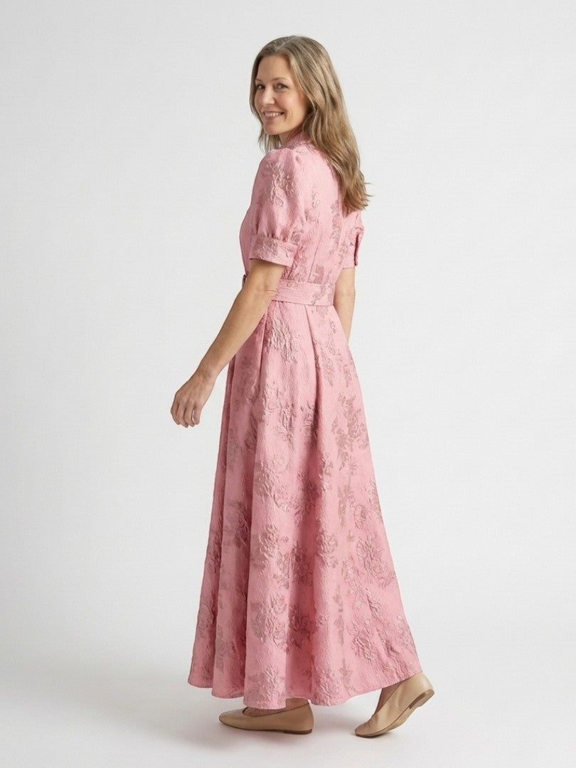 Xanthea - Rochie maxi cu mâneci scurte și curea, din material texturat cu imprimeu floral