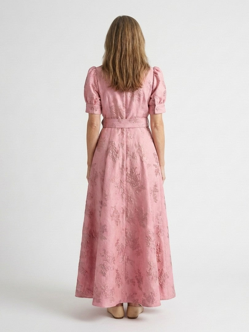 Xanthea - Rochie maxi cu mâneci scurte și curea, din material texturat cu imprimeu floral