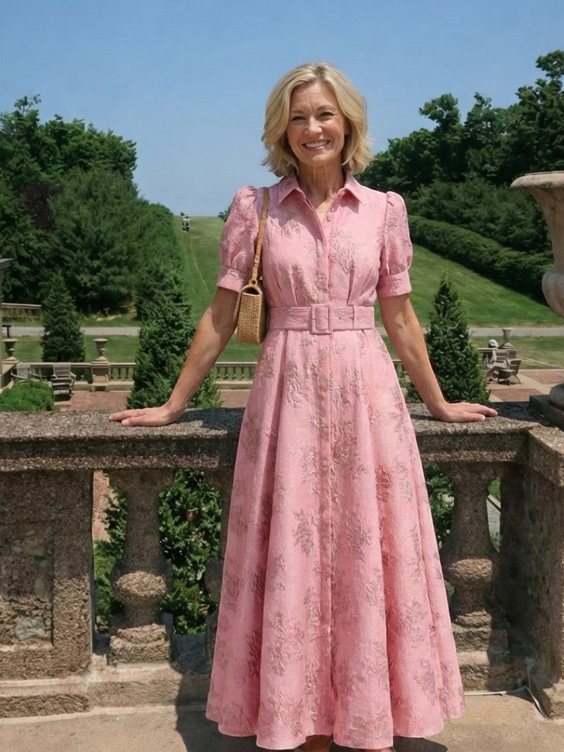 Xanthea - Rochie maxi cu mâneci scurte și curea, din material texturat cu imprimeu floral
