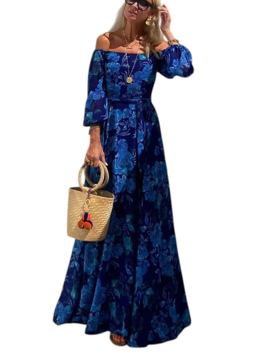 Luna | Rochie lungă cu imprimeu floral și mâneci căzute
