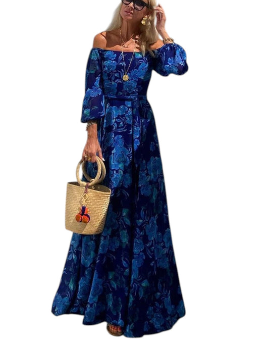 Luna | Rochie lungă cu imprimeu floral și mâneci căzute