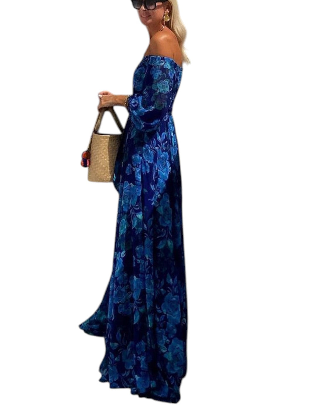 Luna | Rochie lungă cu imprimeu floral și mâneci căzute